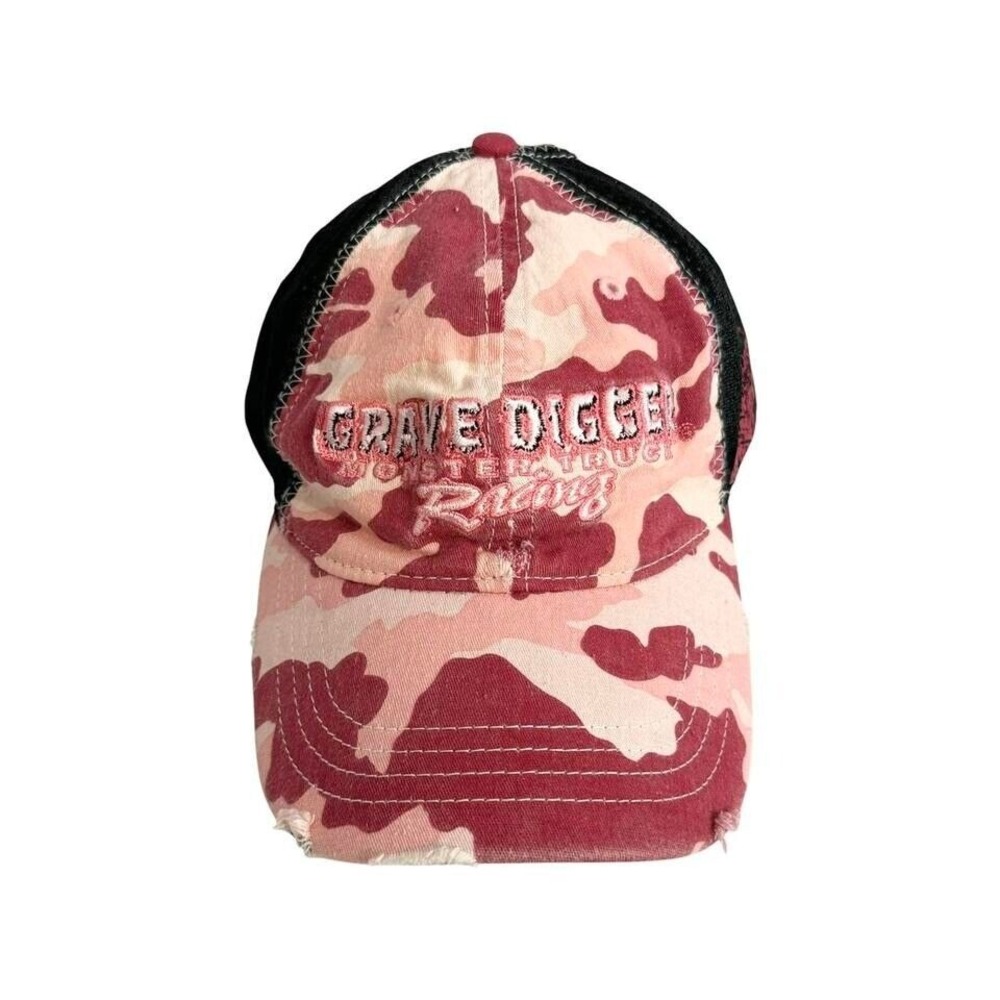 pink camo grave digger monster truck racing hat womens trucker cap snap back